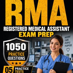 Pode incluir: Uma capa de guia de estudo para o exame de Assistente Médico Registrado 2026-2027. O texto diz RMA, 1050 questões práticas e 05 testes práticos. Inclui um escudo, um estetoscópio e uma pessoa com uniforme azul e uma prancheta.