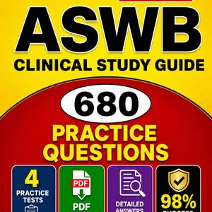 Könnte beinhalten: Ein Studienführer mit dem Titel "ASWB Clinical Study Guide" mit "2026 Editions" in Rot. Das Cover zeigt "680 Übungsfragen" und Symbole für Übungstests, PDF-Downloads, detaillierte Antworten und eine Erfolgsquote von 98 %.