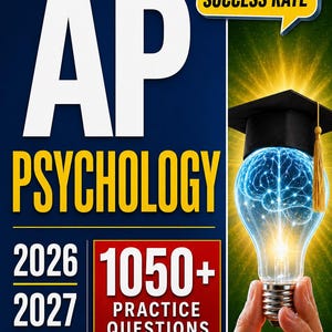 Pode incluir: Capa de um livro de texto de Psicologia AP, com o título "AP PSYCHOLOGY" em letras brancas grandes. Inclui "2026, 2027" e "1050+ QUESTÕES PRÁTICAS". Uma lâmpada com um cérebro dentro é encimada por um chapéu de formatura.