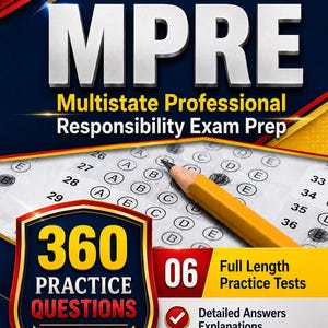 Pode incluir: Uma capa de livro de preparação para o exame MPRE 2026-2027 com um lápis amarelo sobre uma folha de respostas de múltipla escolha. O texto diz 360 Practice Questions, 06 Full Length Practice Tests e Updated Edition.