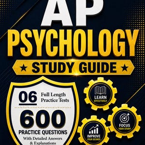 Puede incluir: Una portada de guía de estudio de AP Psychology 2026-2027 con texto amarillo y blanco sobre un fondo oscuro. Incluye 06 exámenes de práctica completos, 600 preguntas de práctica con respuestas detalladas y 1000 tarjetas digitales.