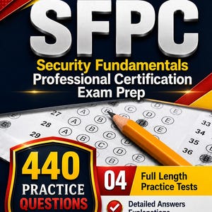 Könnte beinhalten: Ein Studienführer-Cover mit dem Titel 2026-2027 SFPC Security Fundamentals Professional Certification Exam Prep. Es zeigt einen gelben Bleistift auf einem Antwortbogen, ein Schild-Symbol mit 440 PRACTICE QUESTIONS und 04 Full Length Practice Tests.