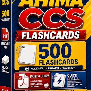 May include: A blue and yellow box of AHIMA CCS flashcards. The box features the text "AHIMA CCS FLASHCARDS 500" in large, bold letters. Additional text includes "Print & Study" and "Quick Recall" with icons.