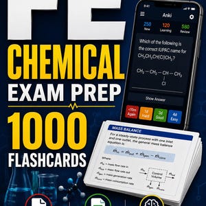 May include: Image promoting FE Chemical Exam Prep with 1000 flashcards. Includes a smartphone displaying a chemistry question, a stack of flashcards, and laboratory glassware. The text reads "Study Smart. Pass Confidently."