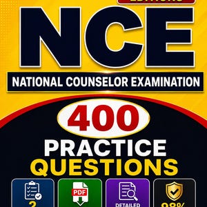 May include: A book cover for the 2026 edition of the NCE (National Counselor Examination). The cover is yellow and black with the title in large, bold letters. It includes "400 Practice Questions" and icons for practice tests, PDF downloads, explanations, and a 98% success rate.