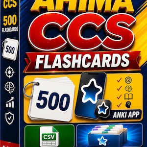 May include: A product box with the text "AHIMA CCS FLASHCARDS" in yellow and red. The box features a stack of 500 flashcards, a smartphone with a star icon, and the text "ANKI APP". The box also includes the text "EVERYTHING YOU NEED TO MASTER THE CCS EXAM!"
