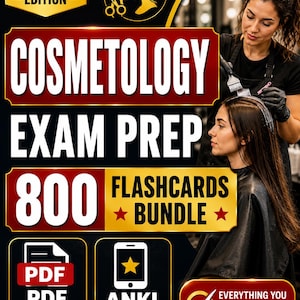 May include: A cosmetology exam prep book cover with the text "2026 Edition" and "Cosmetology Exam Prep." The cover includes "800 Flashcards Bundle" and icons for PDF and Anki app compatibility. A stylist is applying hair color.
