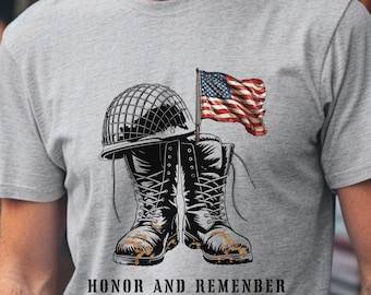 Memorial Day Gift, Honor and Remember Military Tee, Patriotic Veteran Tribute tee, Solders Boots and Flag, Army T-Shirt, American Flag