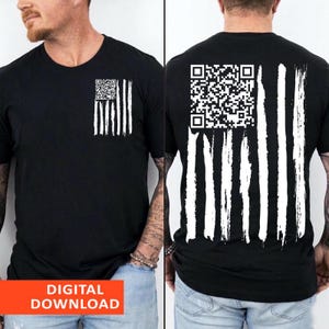 May include: Black t-shirt featuring a white QR code and vertical stripe design on the front and back. The shirt has a crew neck and short sleeves. The words "DIGITAL DOWNLOAD" are in a red box at the bottom.
