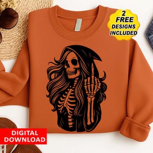 Female Grim Reaper Skeleton PNG Instant Download Laser, Lady Reaper, Fun, Middle Finger Skull Vector Tattoo, Halloween girl