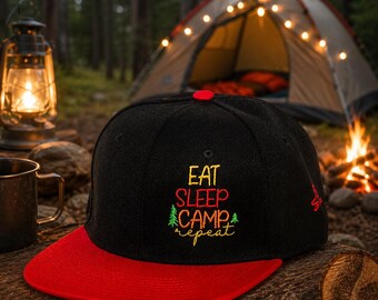 Embroidered Snapback Hat | Eat Sleep Camp Repeat Design, Kids Camping Gear