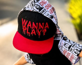 WANNA PLAY? Halloween Snapback | Horror Embroidered Hat | Toddler, Youth & Adult