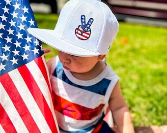 Embroidered Freedom Peace Sign Snapback Hat | Patriotic Kids USA Flag Apparel