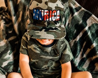 Murica Embroidered Camo Snapback Hat | Patriotic American Flag Kids Cap
