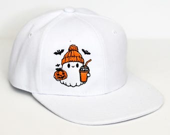 Embroidered Ghost Pumpkin Latte Snapback Hat | Fall Halloween Kids Cap