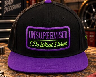 Embroidered Snapback Hat | "Unsupervised" Streetwear, Dirt Bike, Off-Road Style