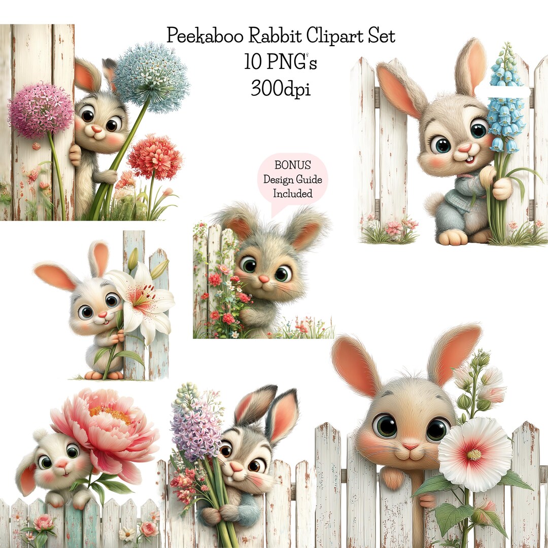 Pikaboo Rabbit Peekaboo Rabbit Clipart Set | Spring Bunny PNG, Floral Garden Graphics ...