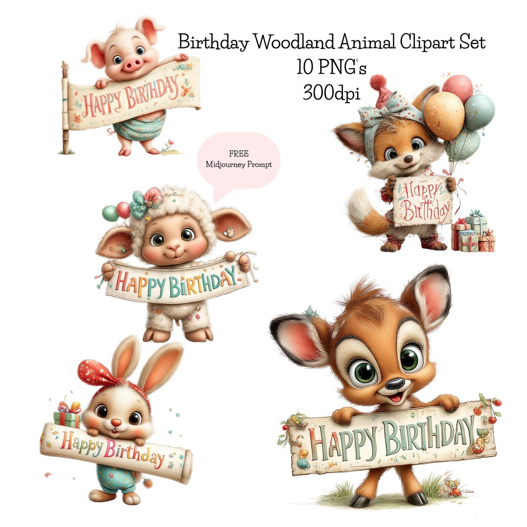Woodland Animal Birthday Clipart Set | 10 PNG Graphics (instant ...