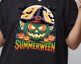 Summerween PNG SVG EPS | Green Pumpkin Witch Hat Halloween Shirt Design | Cute Spooky Summer Digital Download for T-Shirts