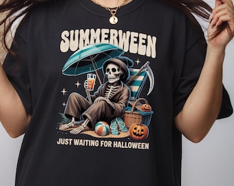 Summerween Skeleton Funny Halloween Shirt Design – Grim Reaper on Beach Waiting for Halloween | Spooky Summer Vibes PNG SVG EPS