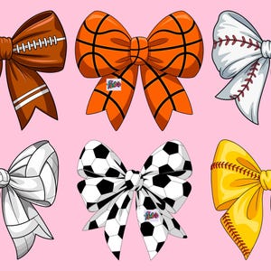 May include: Six decorative bows with sports ball designs. The bows include a football, basketball, baseball, volleyball, soccer ball, and softball. Each bow is a different color and has a unique design. The background is pink.