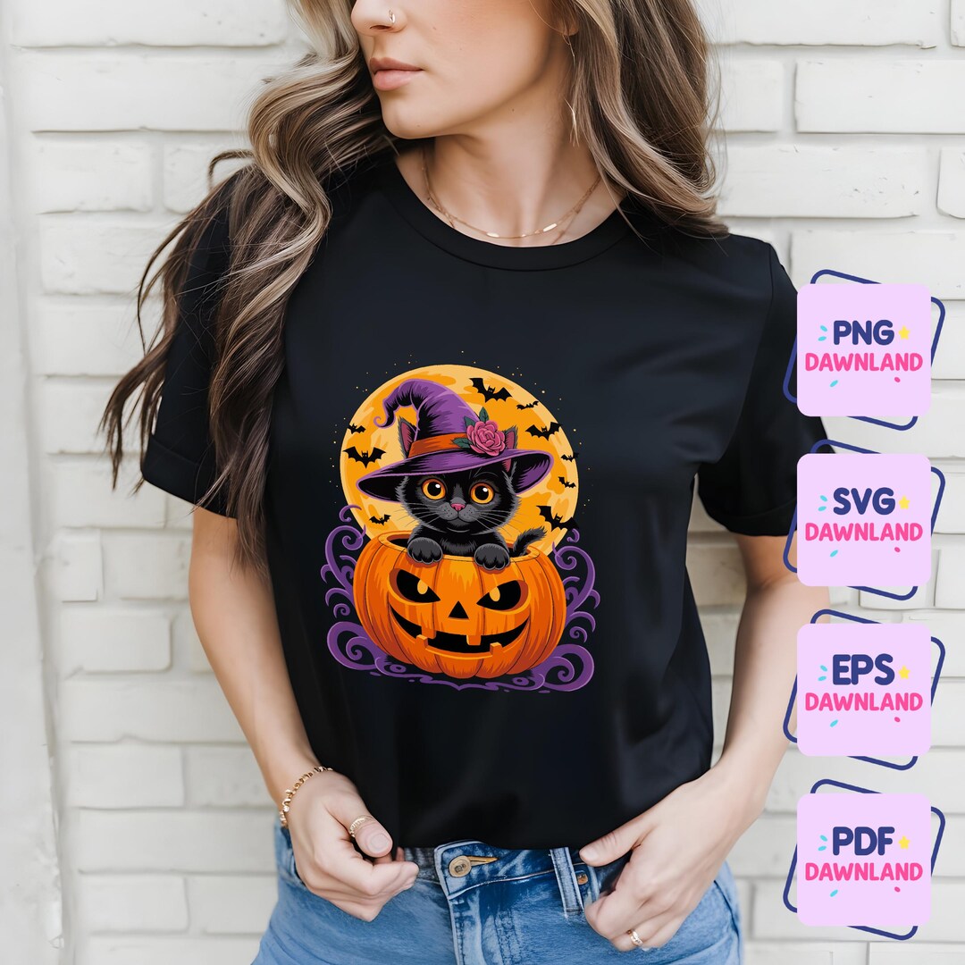 Cute Black Cat Halloween PNG SVG, Witch Hat Cat on Pumpkin Clipart ...