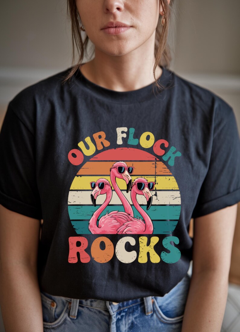 Our Flck Rocks Retro Flamingo Sunglasses Crew Shirt, Fun Squad Design (digital ...