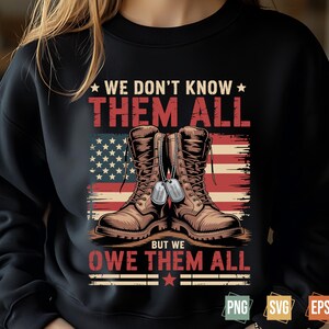 Military Memorial Shirt Design - We Don’t Know Them All But We Owe Them All - Patriotic US Army Boots Sublimation png svg eps pdf