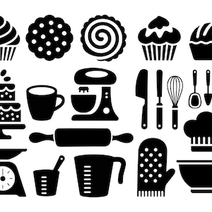 Op de afbeelding: Zwart-wit illustratie van bakgerelateerde items. Inclusief cupcakes, koekjes, een taart, een mok, een mixer, messen, een garde, spatels, een koksmuts, een kom, een weegschaal, een maatbeker, een maatlepel, een deegroller en een ovenwant.