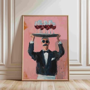 May include: A framed painting depicts a waiter in a tuxedo and sunglasses, balancing a tray of red wine glasses. The background is a solid pink color. The artwork is a stylized, impressionistic painting.