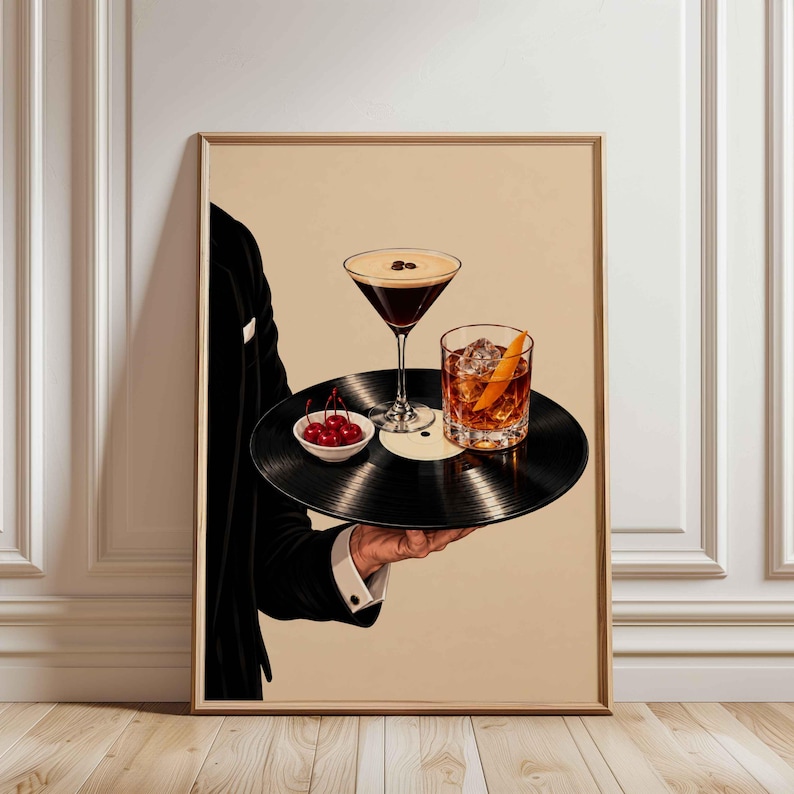 Vintage-style artwork of a suited waiter holding a vinyl record tray with an espresso martini, old fashioned cocktail, and dark cherries, featuring retro bar aesthetic, elegant glassware, warm neutral tones, and sophisticated lounge decor vibes.