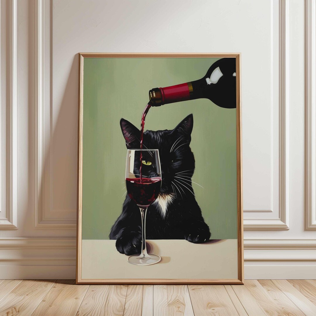 Black Cat Wine Wall Art — Funny Cat With Wine Glass, Wine Lover Gift ...