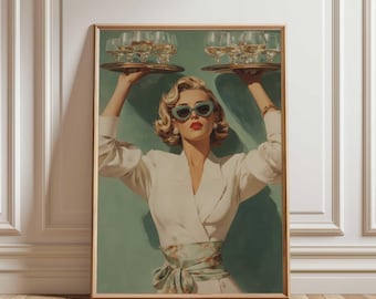 Quadro decorativo de mulher glamorosa com tema de coquetel — Impressão de Martini, decoração vintage para bar.