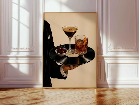 Vinyl Cocktail Wall Art — Vintage Espresso Martini Print, Retro Lounge Bar Decor