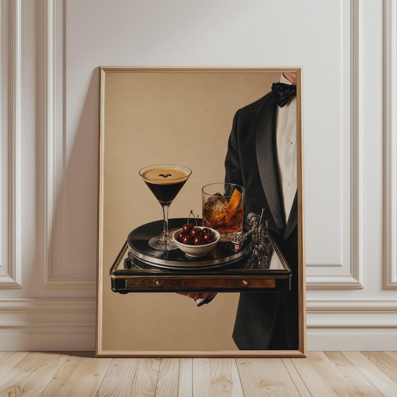 Artwork of a waiter holding a serving tray featuring a vinyl record turntable, espresso martini, old fashioned cocktail, and dark cherries, combining music culture with cocktail bar aesthetics in a creative and sophisticated composition.
