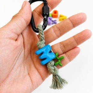 Può includere: Un moschettone nero attaccato a un portachiavi in corda verde. Il portachiavi presenta una lettera "M" blu e un ciondolo a forma di cane palloncino verde. Altri ciondoli con lettere colorate sono visibili sullo sfondo.