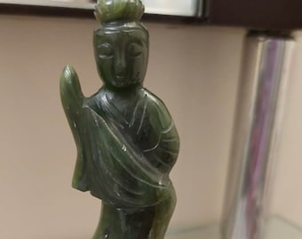 Vintage Chinese Green Jade Figurine With Wooden Base, 7 1/4