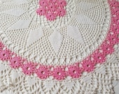 Gorgeous Large Vintage Crochet Pink Flower and White Circular Doily-31.5 Inches in Diameter