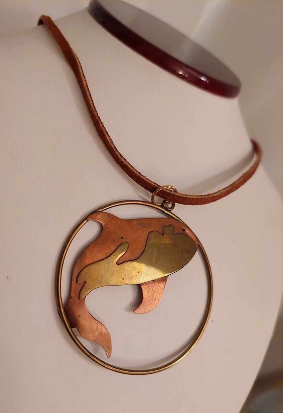 Vintage Leather Necklace with Copper Killer Whale 