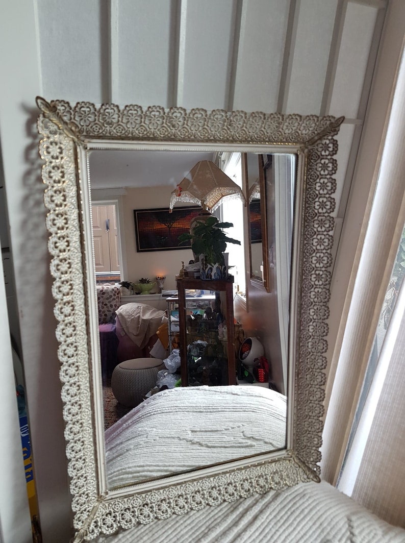Rectangle Vintage Brass and White Filigree Footed Vanity Mirror