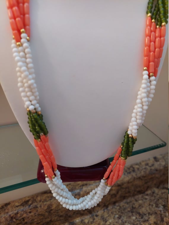 Lovely Vintage Faux Coral, White, and Green Multi… - image 2