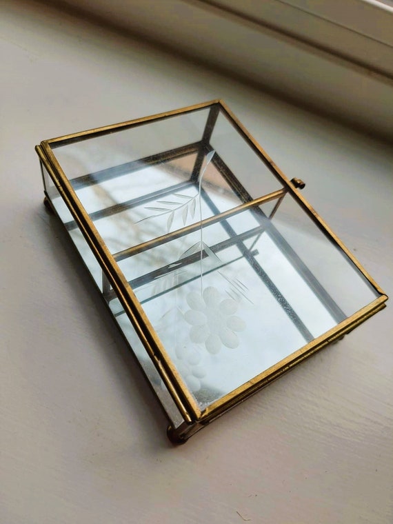 Etched Flower Glass and Brass Mirrored Jewelry Box - image 3