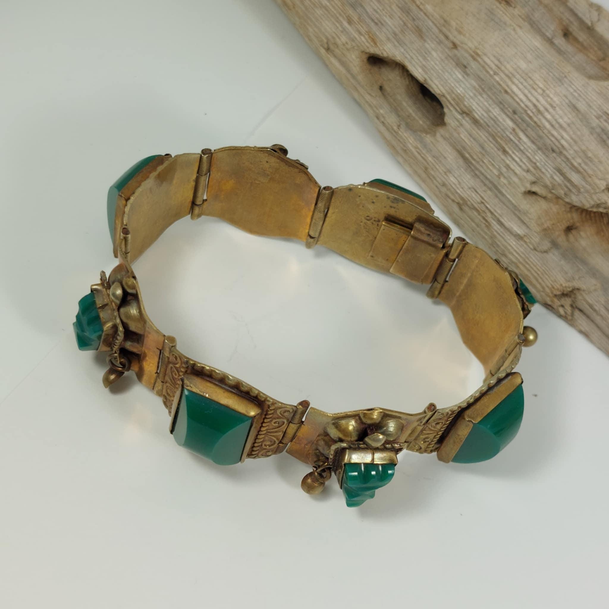 Mexico Vintage Alpaca Brass Panel Bracelet With Green Glass Stones ...