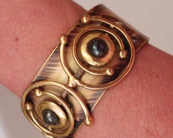 Brass Handmade Wide Cuff Vintage Bracelet with Copper, LARGE Brutalist Style Cuff
