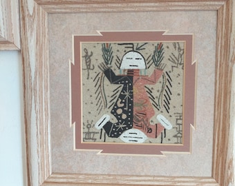 Pintura de arena original enmarcada de los nativos navajos, arte mural del suroeste, 7,5 pulgadas