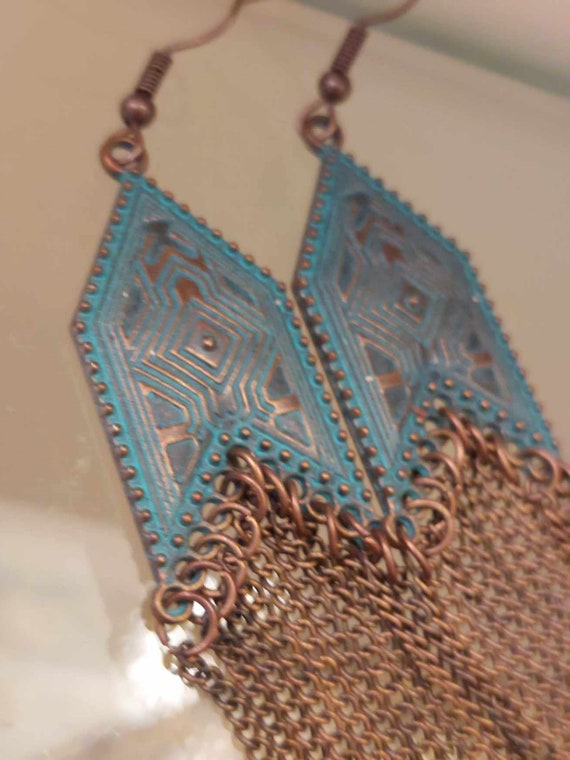 Boho Oxidized Metal Chain Long Dangle Earrings - image 1