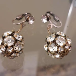 Vintage 50's Clear Rhinestone Ball Art Deco Clip On Earrings, Wedding Earrings