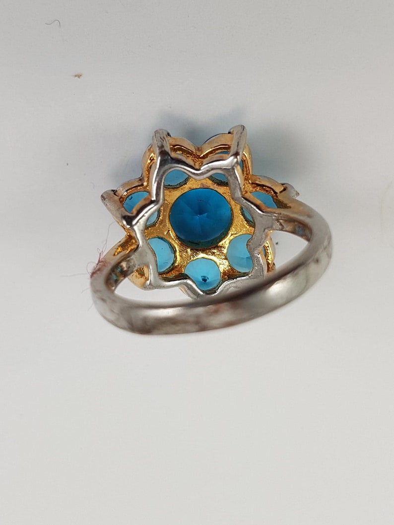 Size 6 Vintage Blue Faceted Glass and Rhinestone Cocktail Ring