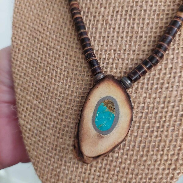 Vintage Coconut Wood Heishi Necklace With Inlaid Turquoise Stone Pendant