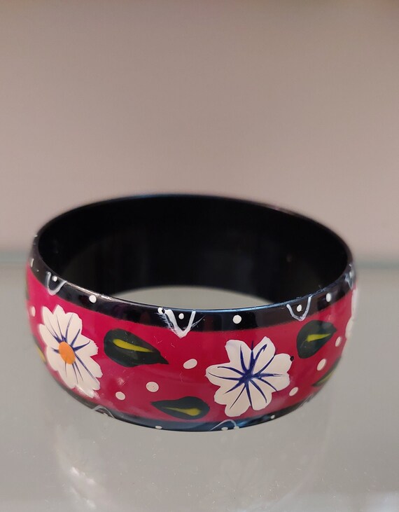 Vintage Hand Painted Red and Black Flower Bangle Etsy